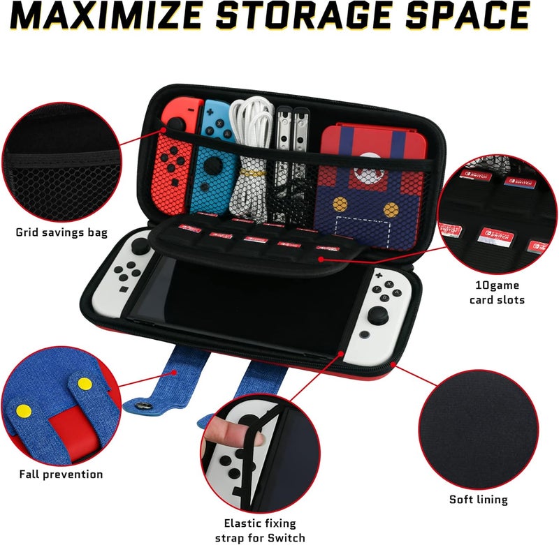 F'DIARY Travel Carrying Case for Nintendo Switch and Switch OLED with Super Mario Design, Red and Blue Accessories Bundle for Switch Console with Portable Storage Bag, Game Card Case and 2 Thumb Caps - Image 2